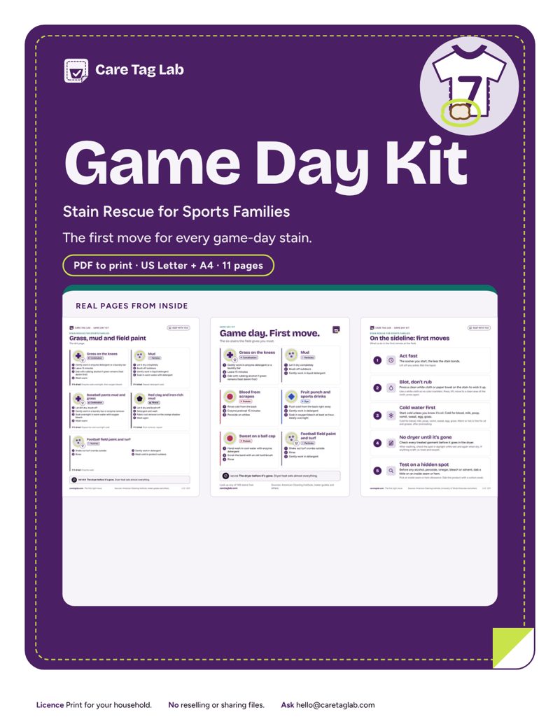 Game Day Kit cover: white baseball pants with a grass knee smudge on a bench, flat-lay