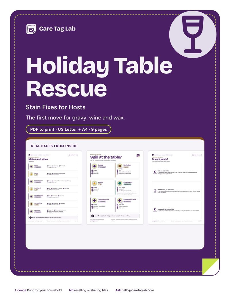 Holiday Table Rescue cover: a linen napkin with a red wine ring on a table runner