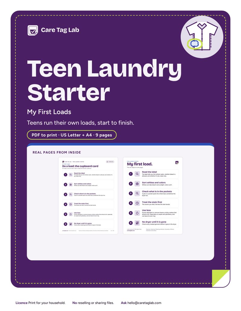 Teen Laundry Starter cover: hamper, jeans and a hoodie flat-lay, with the cabinet poster taped to a door