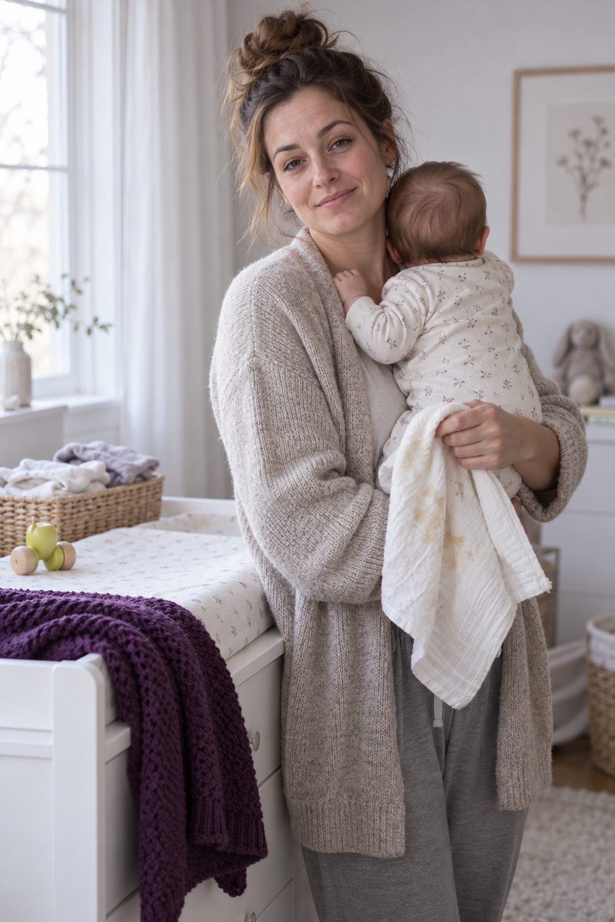 A tired mom with a baby on her shoulder holds a spit-up-marked muslin cloth at a nursery changing station.