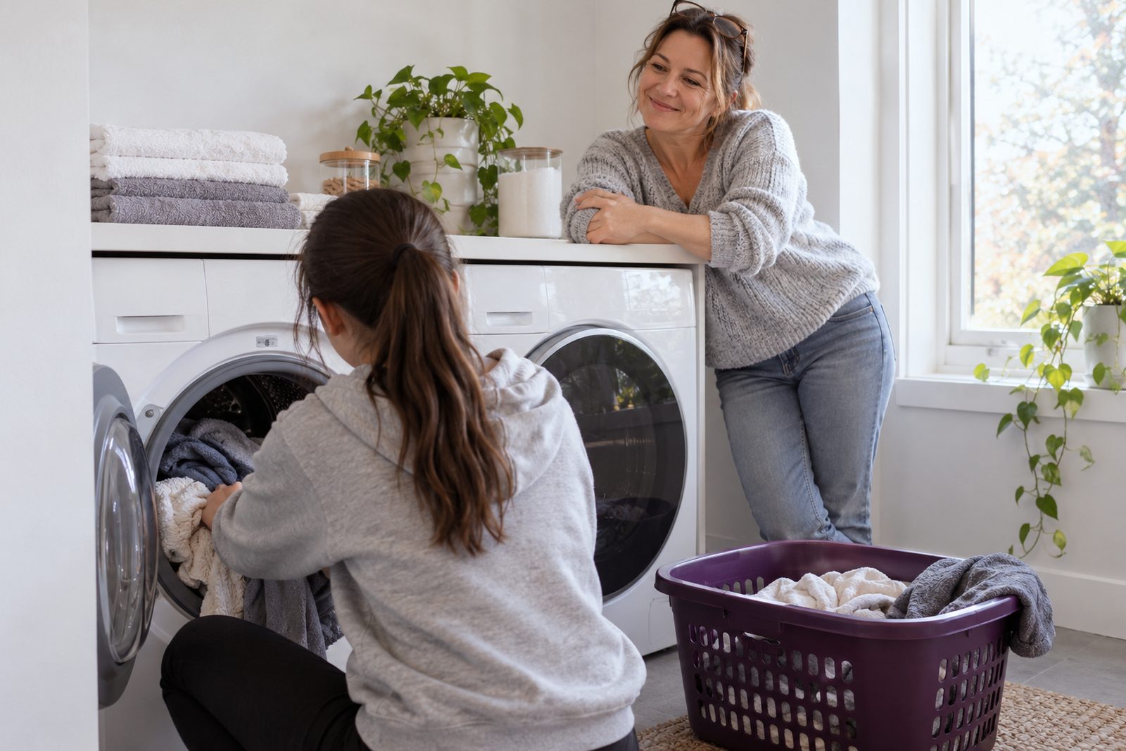 A mom leans on the dryer smiling while her teenager, seen from behind, loads the washer on her own.