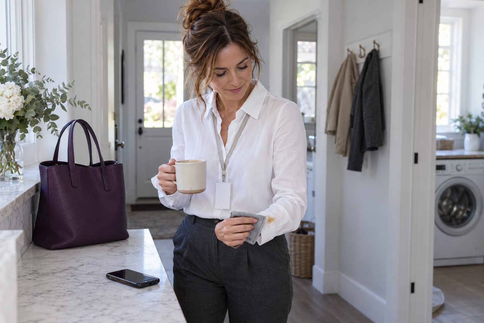 A woman in a work blouse dabs a coffee spot on her cuff with a damp cloth while checking her phone.