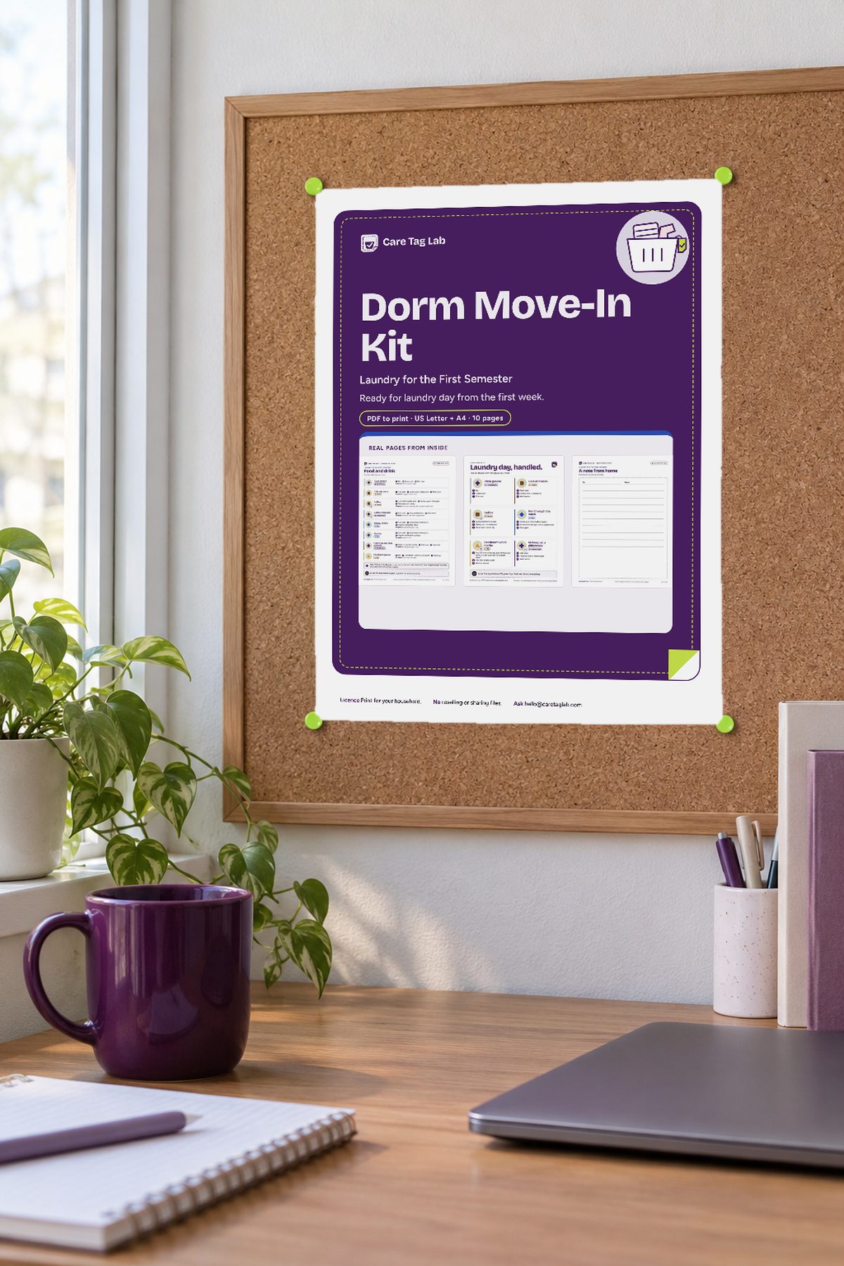A sheet pinned to a dorm corkboard above a desk with a purple mug.